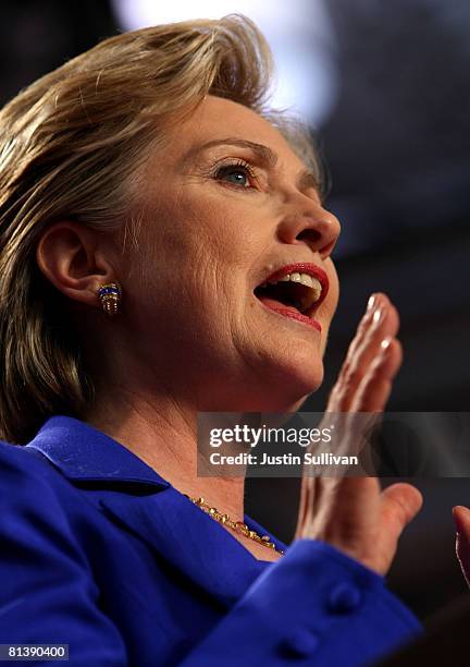 Democratic presidential hopeful Hillary Clinton speaks to supporters at the final primary night party June 3, 2008 at Baruch College in New York...