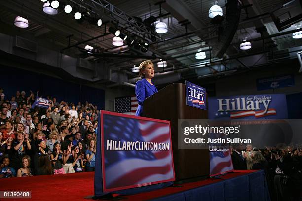 Democratic presidential hopeful Hillary Clinton speaks to supporters at the final primary night party June 3, 2008 at Baruch College in New York...