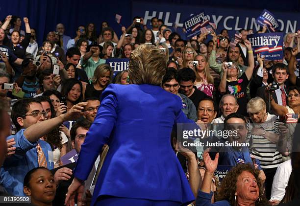 Democratic presidential hopeful Hillary Clinton greets supporters at a final primary night party June 3, 2008 at Baruch College in New York City. The...