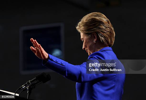 Democratic presidential hopeful Hillary Clinton speaks to supporters at a final primary night party June 3, 2008 at Baruch College in New York City....