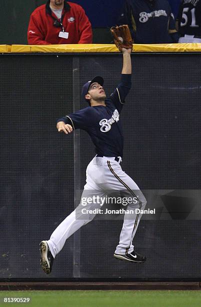 Ryan Braun of the Milwaukee Brewers leaps to make a catch in the seventh inning against the Arizona Diamondbacks on June 3, 2008 at Miller Park in...