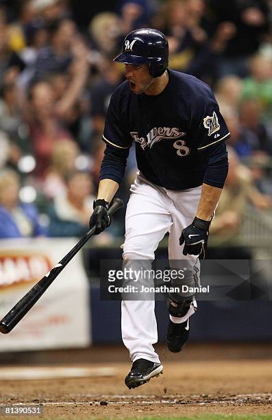 Ryan Braun of the Milwaukee Brewers reacts after hitting a two-run home run in the sixth inning against the Arizona Diamondbacks on June 3, 2008 at...