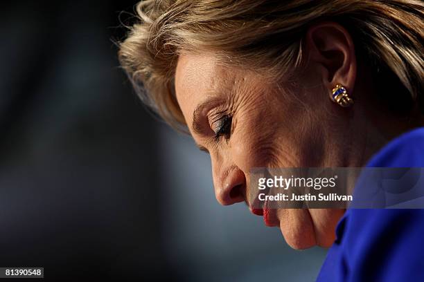 Democratic presidential hopeful U.S. Sen. Hillary Clinton pauses as she speaks to supporters at her final primary night party June 3, 2008 at Baruch...