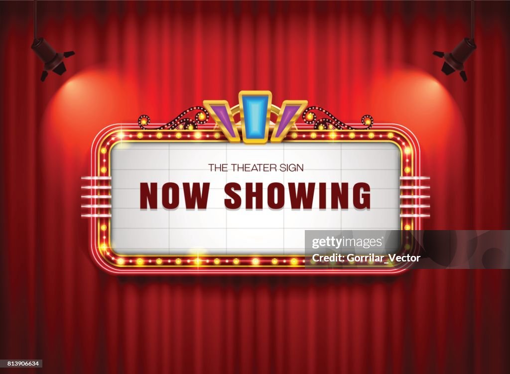 Theater sign retro on curtain with spotlight