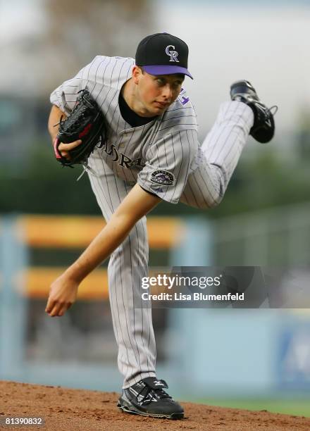 Jeff Francis of the Colorado Rockies pitches against the Los Angeles Dodgers at Dodger Stadium on June 3, 2008 in Los Angeles, California.