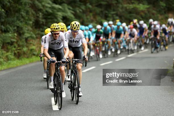 Team Sky lead the peloton during stage 12 of the Le Tour de France 2017, a 214.5km stage from Pau to Peyragudes on July 13, 2017 in Pau, France.