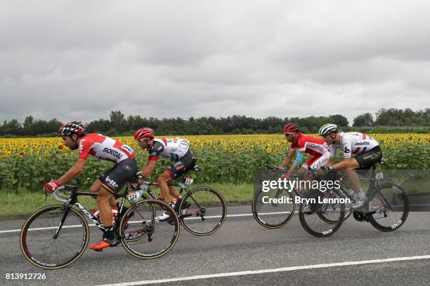 The peloton ride past a field of sunflowers during stage 12 of the Le Tour de France 2017, a 214.5km stage from Pau to Peyragudes on July 13, 2017 in...