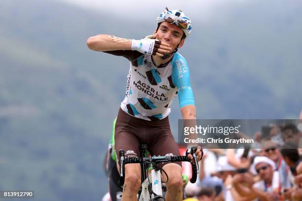 Romain Bardet of France riding for AG2R La Mondiale celebrates as he wins stage 12 of the 2017 Le Tour de France, a 214.5km stage from Pau to...