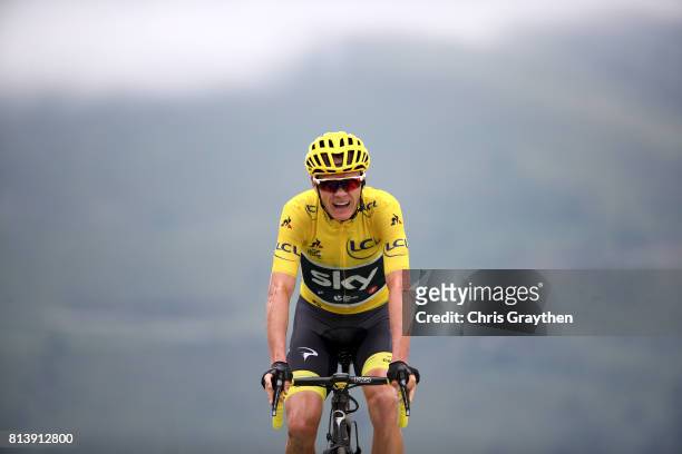 Christopher Froome of Great Britain riding for Team Sky in the leader's jersey crosses the finish line during stage 12 of the 2017 Le Tour de France,...