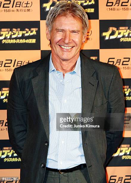 Actor Harrison Ford poses during a photocall promoting "Indiana Jones and the Kingdom of the Crystal Skull" at a press conference at Grand Hyatt...