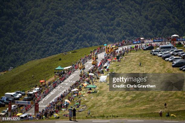 Fans watch from the top of the Peyragudes climb during stage 12 of the 2017 Le Tour de France, a 214.5km stage from Pau to Peyragudes on July 13,...