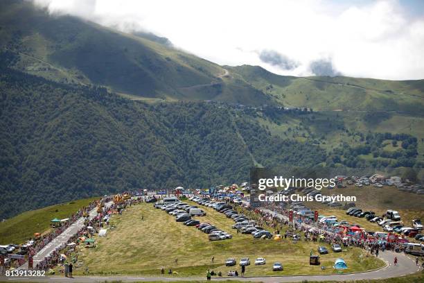 Fans watch from the top of the Peyragudes climb during stage 12 of the 2017 Le Tour de France, a 214.5km stage from Pau to Peyragudes on July 13,...