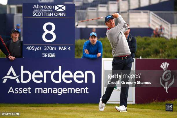 Mikko Ilonen of Finland tees off on the 8th hole during day one of the AAM Scottish Open at Dundonald Links Golf Course on July 13, 2017 in Troon,...