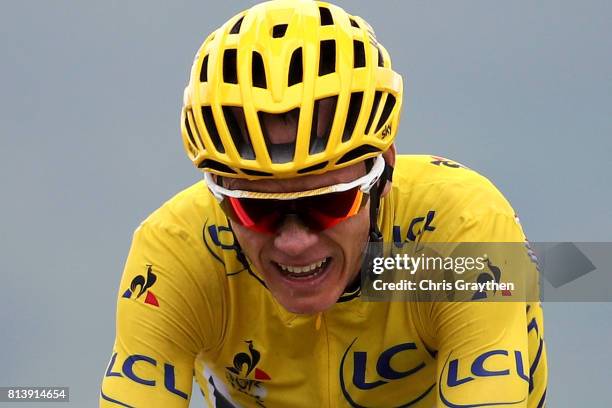 Christopher Froome of Great Britain riding for Team Sky in the yellow leader's jersey crosses the finish line during stage 12 of the 2017 Le Tour de...