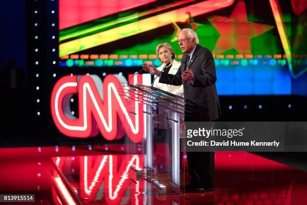Presidential candidates Hillary Clinton and Bernie Sanders debating at CNN Brooklyn Navy Yard Democratic Debate, New York, New York, April 14, 2016.