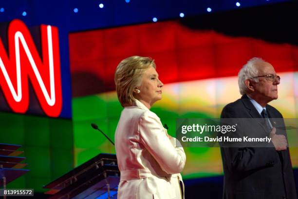 Presidential candidates Hillary Clinton and Bernie Sanders debating at CNN Brooklyn Navy Yard Democratic Debate, New York, New York, April 14, 2016.