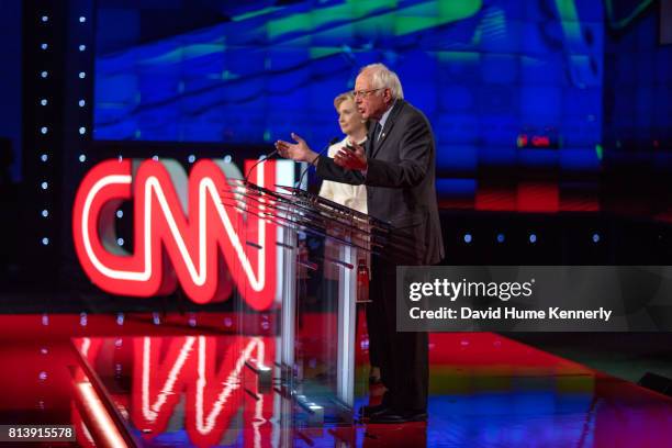 Presidential candidates Hillary Clinton and Bernie Sanders debating at CNN Brooklyn Navy Yard Democratic Debate, New York, New York, April 14, 2016.