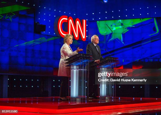 Presidential candidates Hillary Clinton and Bernie Sanders debating at CNN Brooklyn Navy Yard Democratic Debate, New York, New York, April 14, 2016.