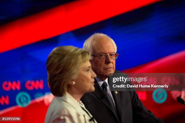 Presidential candidates Hillary Clinton and Bernie Sanders debating at CNN Brooklyn Navy Yard Democratic Debate, New York, New York, April 14, 2016.