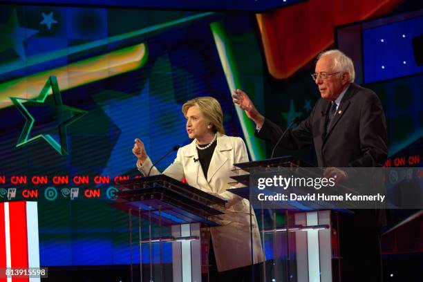Presidential candidates Hillary Clinton and Bernie Sanders debating at CNN Brooklyn Navy Yard Democratic Debate, New York, New York, April 14, 2016.