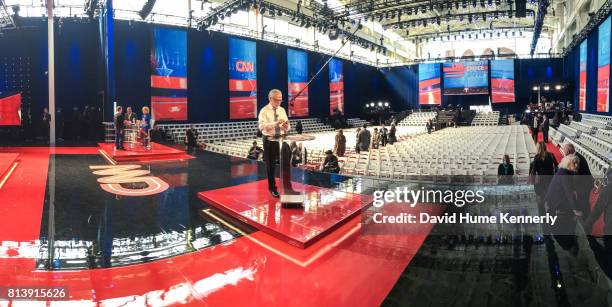 S Wolf Blitzer prepares to moderate the debate between Hillary Clinton and Bernie Sanders at the Brooklyn Navy Yard, New York, New York, April 14,...