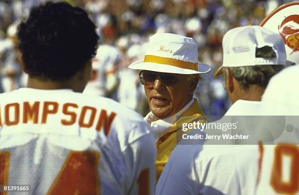 Football: Hall of Fame Game, Closeup of Tampa Bay Buccaneers coach John McKay with team during game vs Seattle Seahawks, Canton, OH 7/28/1984