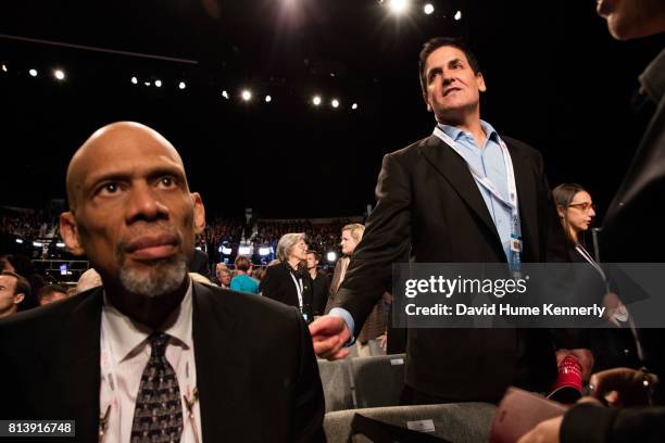 Former NBA star Kareem Abdul-Jabbar and NBA Dallas Mavericks' Owner Mark Cuban at the third Presidential debate with Hillary Clinton and Donald...
