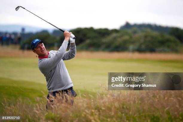 Mikko Ilonen of Finland hits an approach shot on the 8th hole during day one of the AAM Scottish Open at Dundonald Links Golf Course on July 13, 2017...