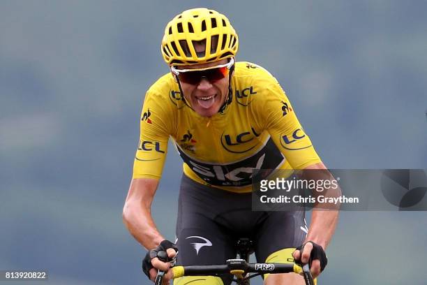 Christopher Froome of Great Britain riding for Team Sky in the yellow leader's jersey crosses the finish line during stage 12 of the 2017 Le Tour de...