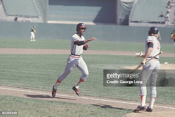 Baseball: AL playoffs, Baltimore Orioles Paul Blair in action and victorious, scoring run vs Oakland Athletics, Oakland, CA 10/5/1974