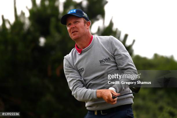 Mikko Ilonen of Finland tees off on the 9th hole during day one of the AAM Scottish Open at Dundonald Links Golf Course on July 13, 2017 in Troon,...