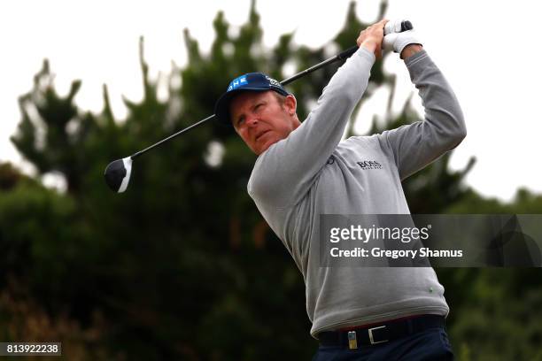 Mikko Ilonen of Finland tees off on the 9th hole during day one of the AAM Scottish Open at Dundonald Links Golf Course on July 13, 2017 in Troon,...