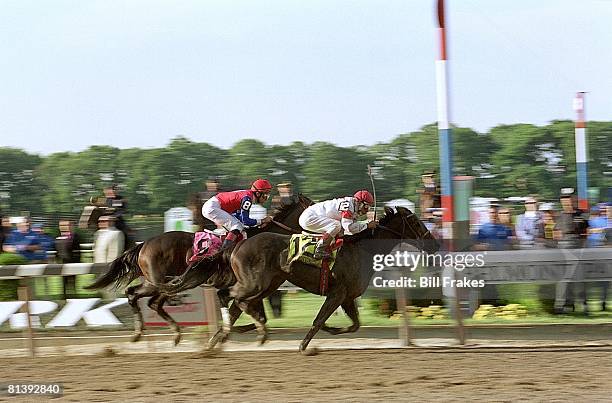 Horse Racing: The Belmont Stakes, Edgar Prado in action, winning race aboard Sarava vs Medaglia d'Oro , Elmont, NY 6/8/2002