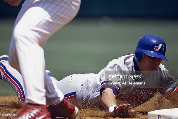 Baseball: Montreal Expos Jose Vidro in action, making slide back to first base vs Philadelphia Phillies, Philadelphia, PA 6/2/2002