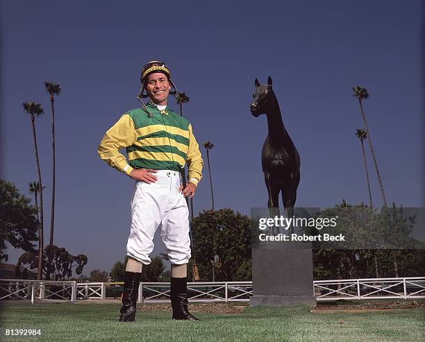 Horse Racing: Jockey Gary Stevens in front of Seabiscuit statue at Santa Anita Track, Arcadia, CA 9/18/2003