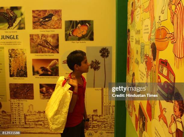 Boy looks at a photo exhibition of Mumbai Environment held on the occasion of World Environment Day at CST railway station -.