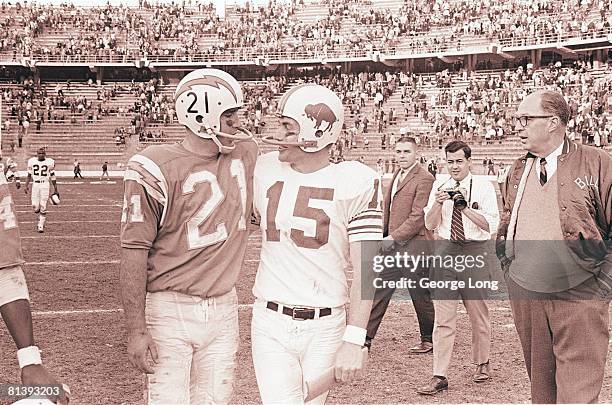 Football: AFL Championship, San Diego Chargers QB John Hadl and Buffalo Bills QB Jack Kemp after game, San Diego, CA