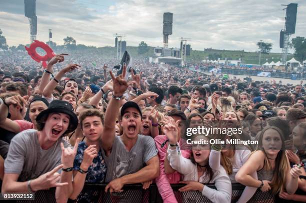 The crowd enjoying the atmosphere during Day 7 of the 50th Festival D'ete De Quebec on the Main Stage at the Plaines D' Abraham on July 12, 2017 in...