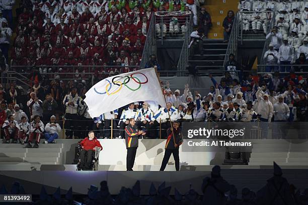 Closing Ceremony: 2006 Winter Olympics, Turin Mayor Sergio Chiamparino waving olympic flag after games at Stadio Olimpico, Turin, Italy 2/26/2006