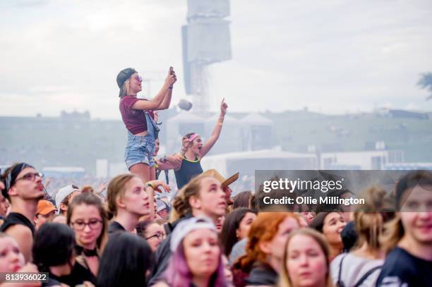 The crowd enjoying the atmosphere during Day 7 of the 50th Festival D'ete De Quebec on the Main Stage at the Plaines D' Abraham on July 12, 2017 in...