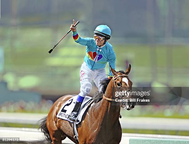 Horse Racing: Santa Anita Derby, Alex Solis victorious winning race aboard Brother Derek at Santa Anita Race Track, Arcadia, CA 4/8/2006