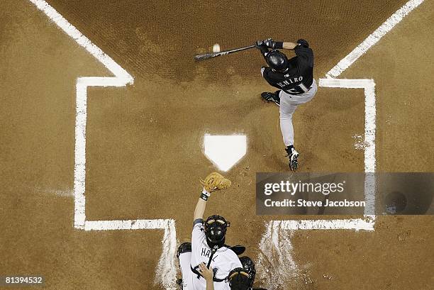 Baseball: Aerial view of Seattle Mariners Ichiro Suzuki in action vs Tampa Bay Devil Rays, St, Petersburg, FL 9/3/2003