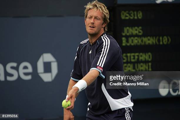 Tennis: US Open Qualifier, Closeup of SWE Jonas Bjorkman in action, making serve during qualifying match vs Italy Stefano Galvani at National Tennis...