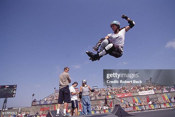 In-Line Skating: X Games, Kate Gengo in action during street competition, San Diego, CA 6/25/1997