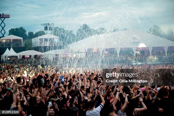 The corwd watching DVBBS performing during Day 7 of the 50th Festival D'ete De Quebec on the Main Stage at the Plaines D' Abraham on July 12, 2017 in...