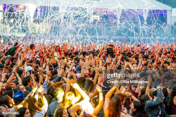 The corwd watching DVBBS performing during Day 7 of the 50th Festival D'ete De Quebec on the Main Stage at the Plaines D' Abraham on July 12, 2017 in...