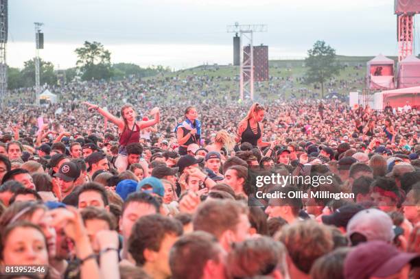 The corwd watching DVBBS performing during Day 7 of the 50th Festival D'ete De Quebec on the Main Stage at the Plaines D' Abraham on July 12, 2017 in...