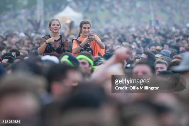 The corwd watching DVBBS performing during Day 7 of the 50th Festival D'ete De Quebec on the Main Stage at the Plaines D' Abraham on July 12, 2017 in...
