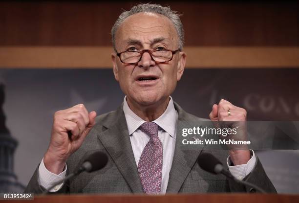 Senate Minority Leader Chuck Schumer speaks during a press conference at the U.S. Capitol July 13, 2017 in Washington, DC. Schumer and Democratic...