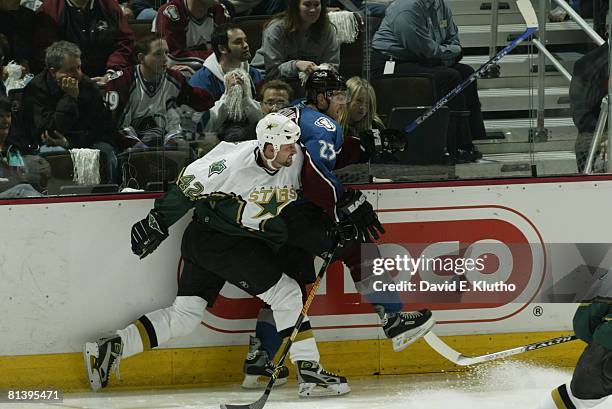 Hockey: NHL Playoffs, Dallas Stars Jon Klemm in action, making check vs Colorado Avalanche Milan Hejduk , Game 4, Denver, CO 4/28/2006